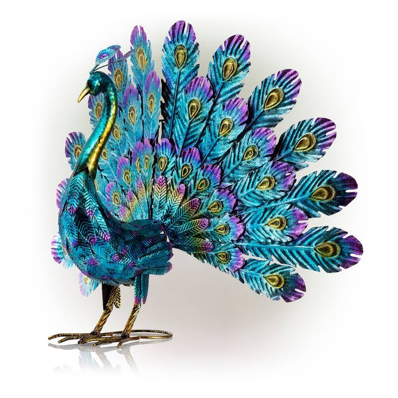 Alpine Corporation 23" Tall Outdoor Metallic Peacock Tail Spread Yard Statue Decoration, Multicolor