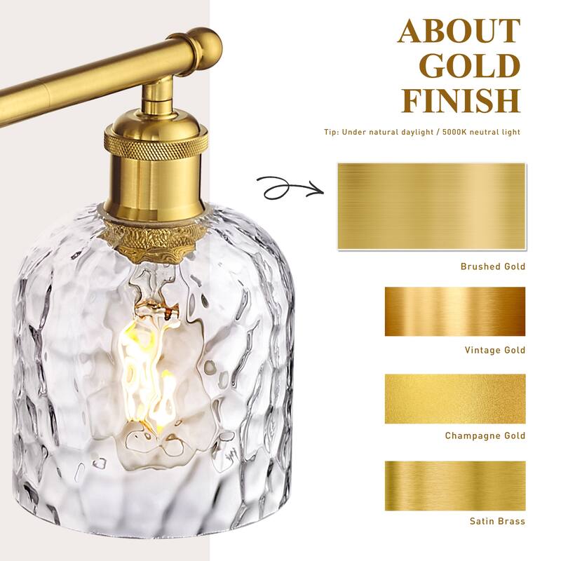 Bathroom Lighting with Clear Hammered Glass, Brushed Gold Finish