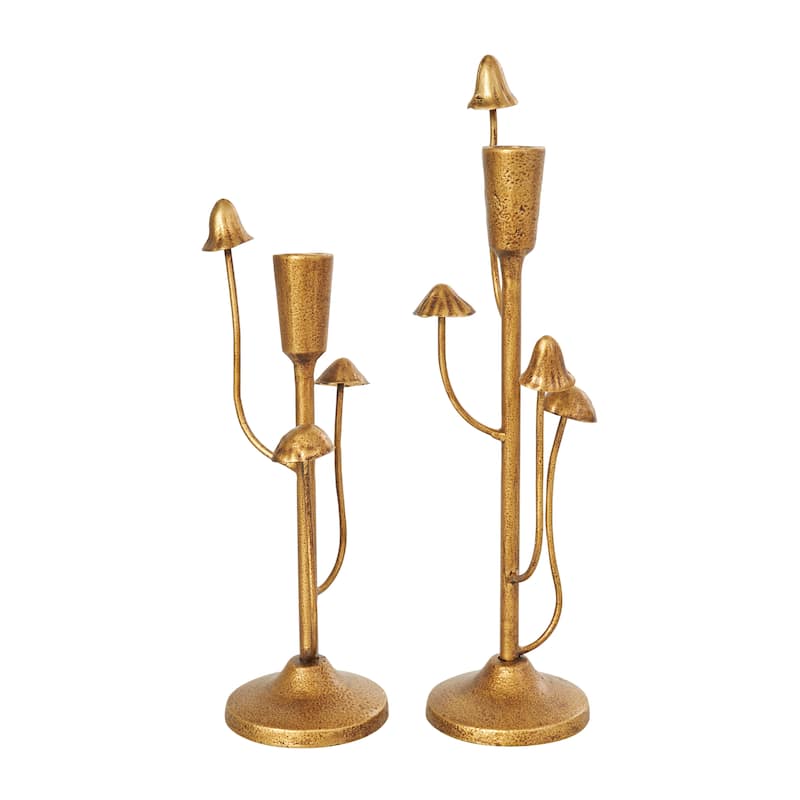 Metal Abstract Mushroom Inspired Candle Holder - Set of 2 Gold - Roche River Decor - 3"W x 4"L x 11"H