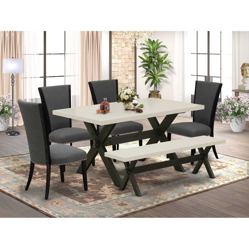 HomeStock 6-Piece Rectangle Natural Oak Finish Solid Wood Top Dining Table with 1-Bench, 4-Chairs