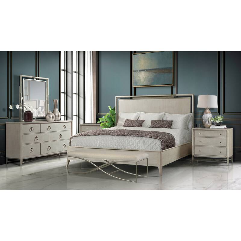Roundhill Furniture Mantalia Solid Wood Bedroom Set, Panel Bed, Dresser, Mirror, 2 Nightstands, and Bench, Champagne - King