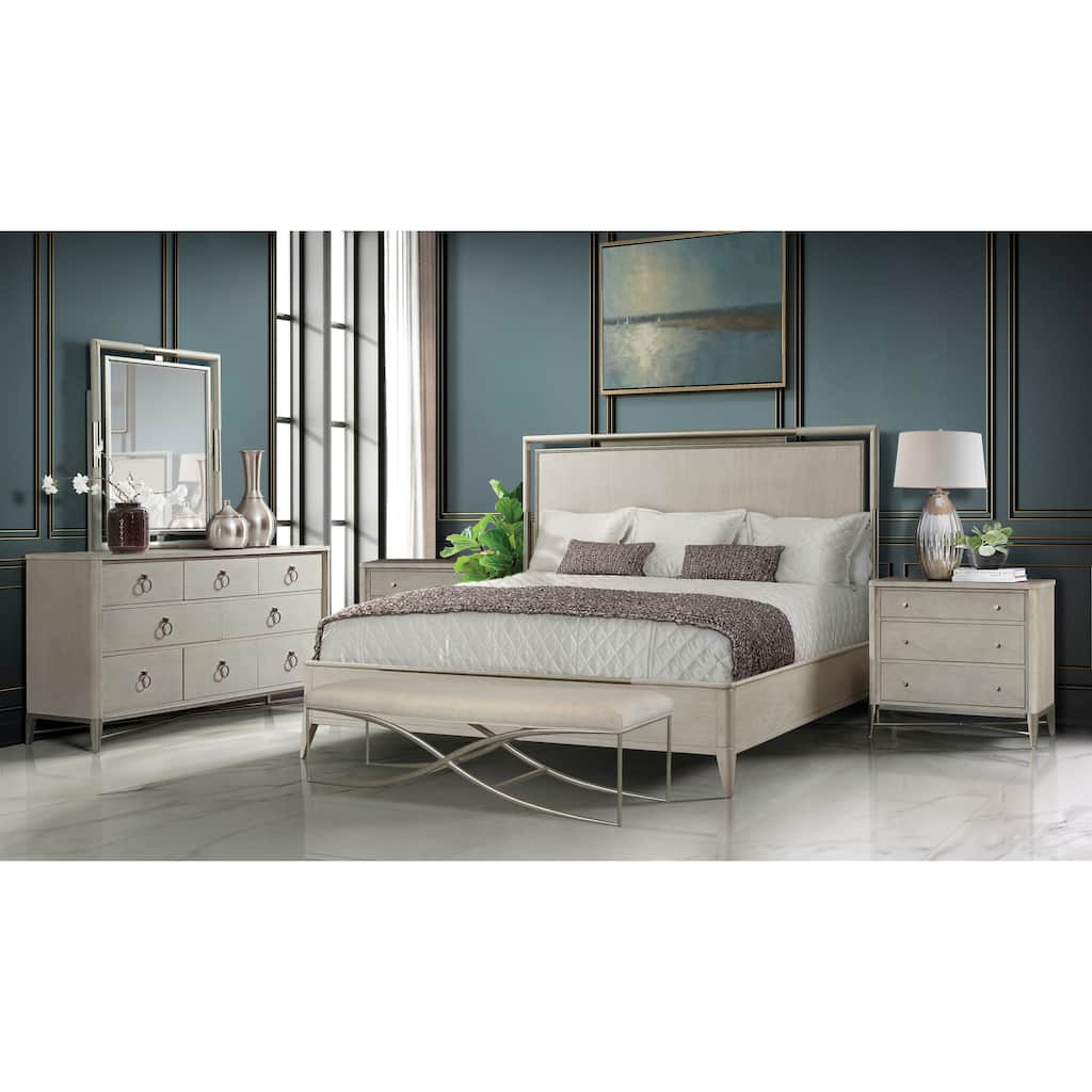 Roundhill Furniture Mantalia Solid Wood Bedroom Set, Panel Bed, Dresser, Mirror, 2 Nightstands, and Bench, Champagne