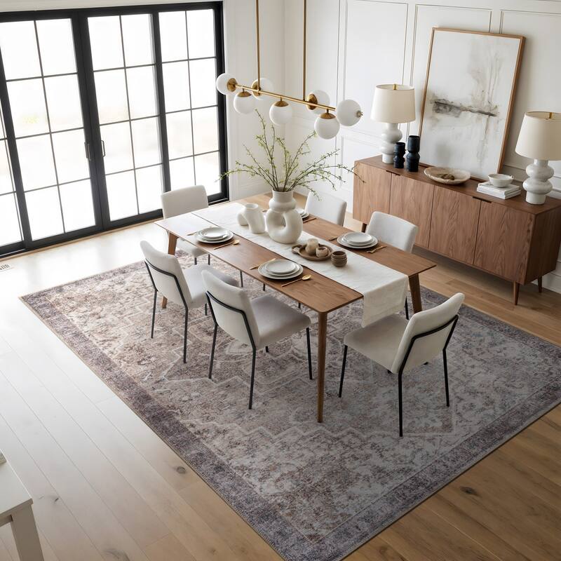 Beige Floral Medallion Washable Rug - Low Pile, Non-Slip