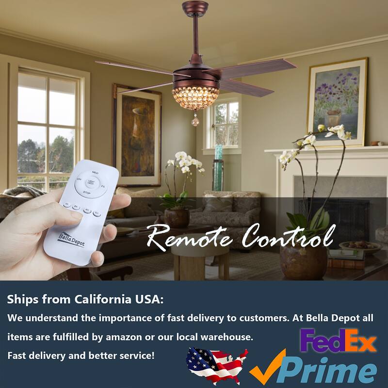 Bella Depot 52" Modern Crystal Ceiling Fan with LED Light, Reversible Ceiling Fan with Remote Control