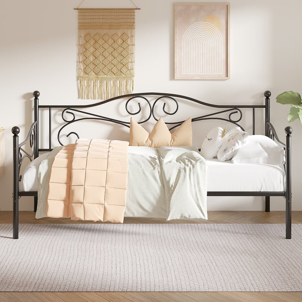 VECELO Scroll Design Metal Twin Size Daybed with Roman Column Legs 440 LBS Capacity Sofa Bed 440 lbs Capacity for Living Room