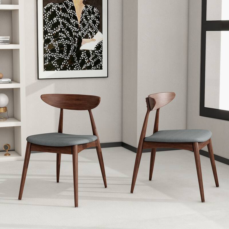 Retro Upholstered Dining & Kitchen Chairs with Wood Frame, Set of 2 - Light Gray Walnut
