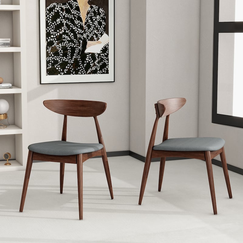 Set of 2 Retro Rubberwood Chairs with Ergonomic Back & Plush Cushions - Light Gray+Walnut