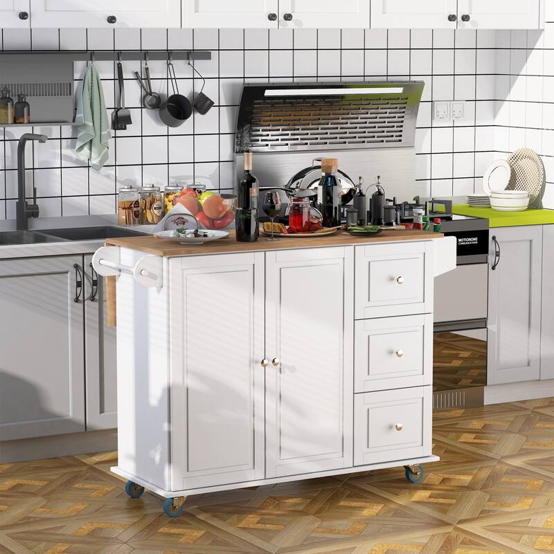 HOMCOM Kitchen Island Mobile Storage Cart with Towel/Spice Rack, 3 Drawers, 2-Door Cabinet and Lockable Wheels - White