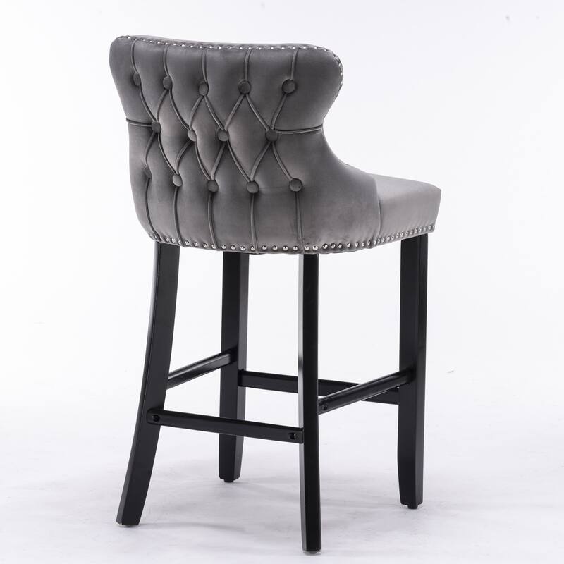 Furniture Gray Velvet Wingback Bar Stools Set of 2, Button Tufted with Wood Legs & Chrome Nailhead Trim