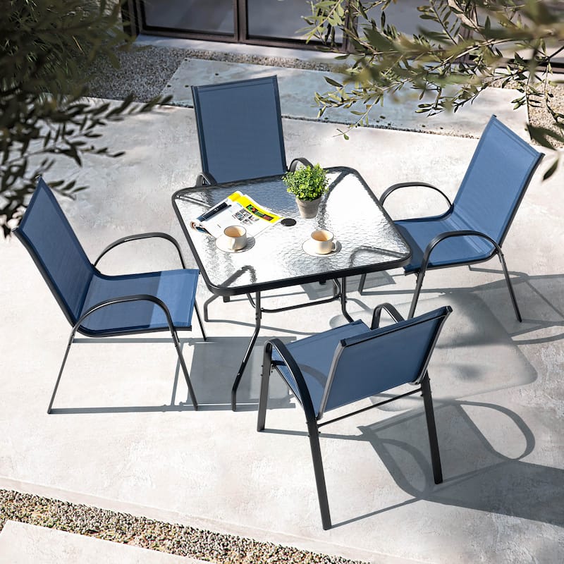 5-Piece Outdoor Dining Set, Textilene Stackable Chairs and Umbrella Hole - Blue