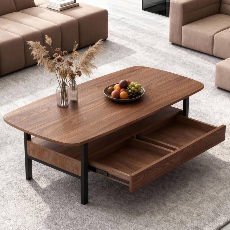 47.2" Wooden Coffee Table with Drawer Storage & Metal Legs for Living Room - 47.2"Wx22"Dx16.7"H