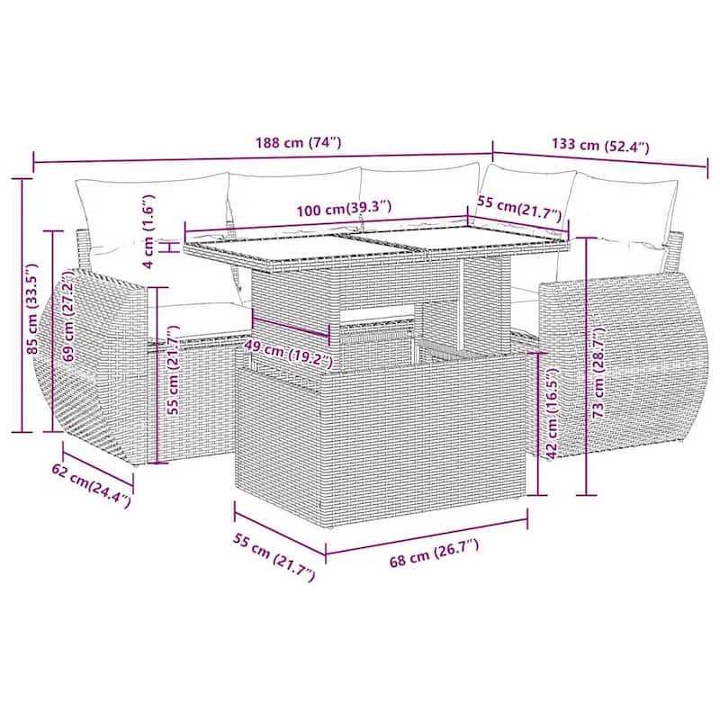 vidaXL Patio Sofa Set with Cushions and Table Outdoor 5 Piece Poly Rattan