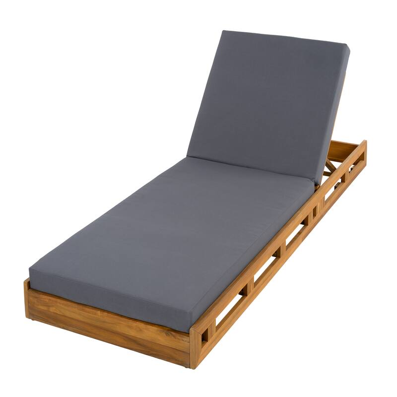 Roomfitters Outdoor Acacia Wood Chaise Lounge with 4 Inch Thick Water-Resistant Cushions Teak Finish