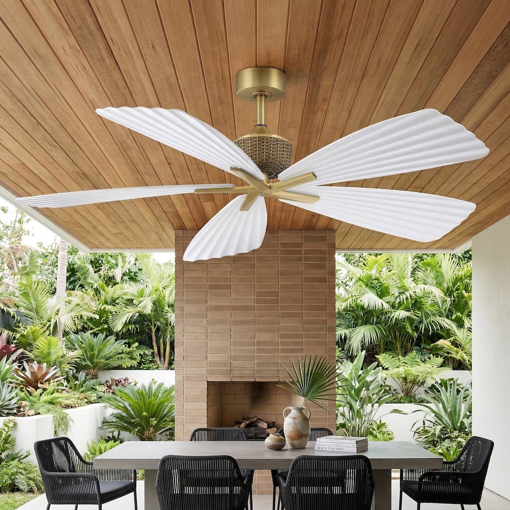 56" Tropical White Pleated Leaf 5-Blade Indoor Outdoor Ceiling Fan with Remote, No Light