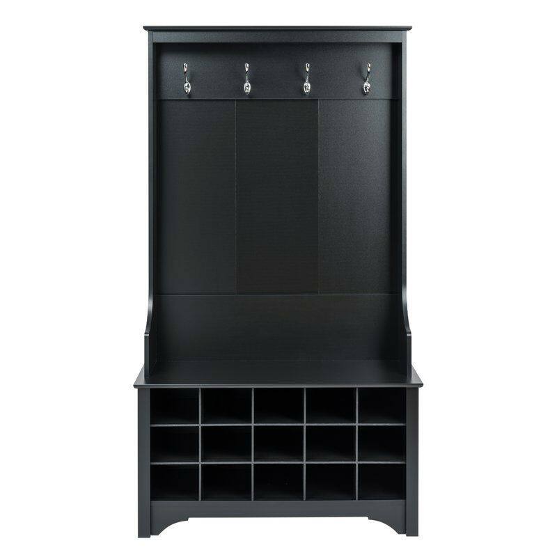 Black Entryway Hall Tree Shoe Cubbie Coat Rack - 34.75" W x 14.75" D