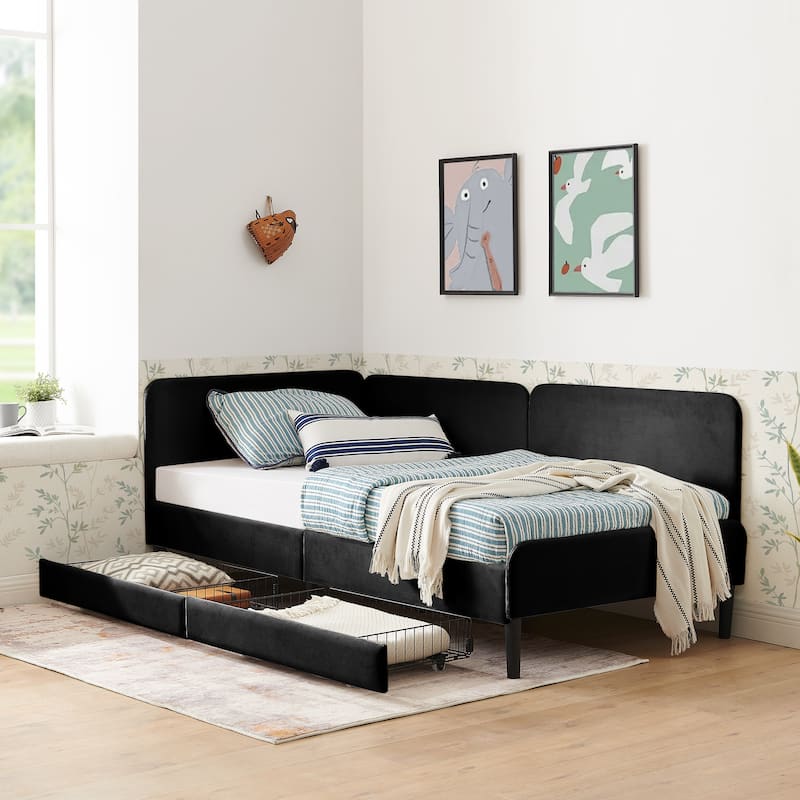 Roomfitters Twin/Full Upholstered Platform Bed with Side Backrest and Underbed Storage Trundle
