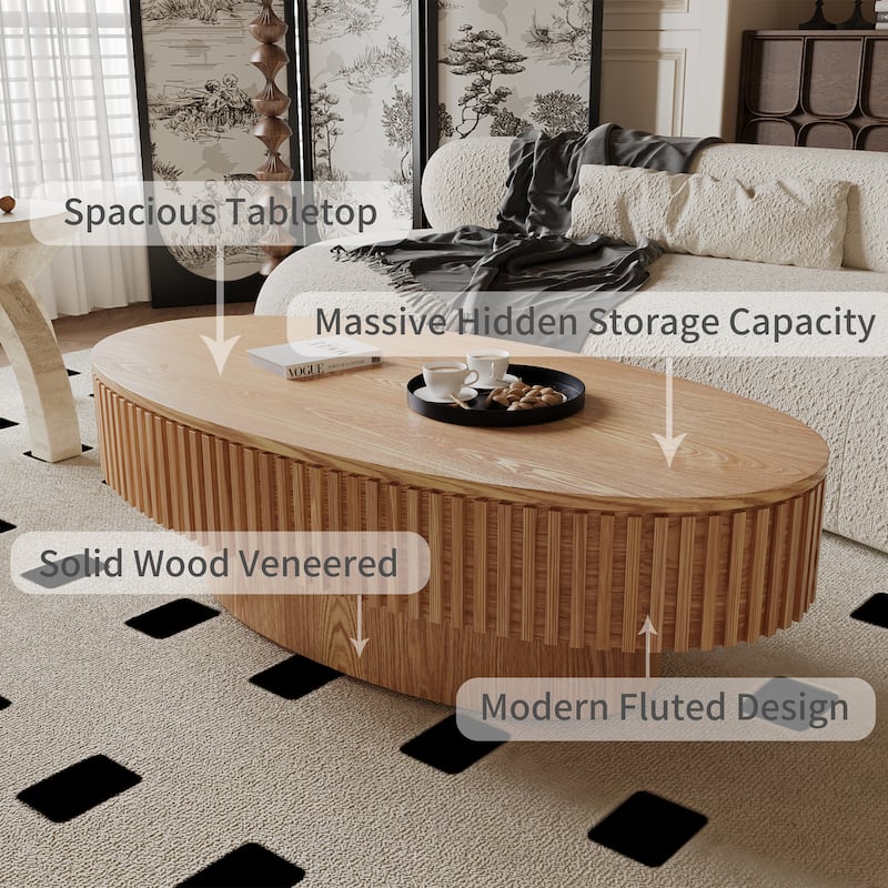 Modern Solid Wood Veneered Round/Oval Coffee Tea Table with Storage