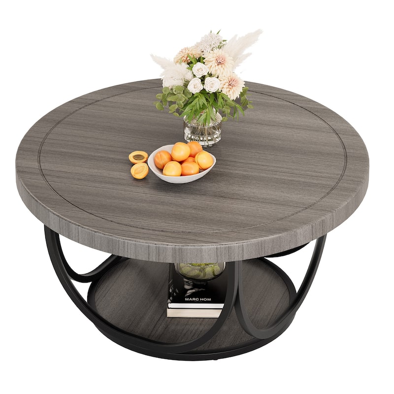 2-Tier Round Coffee Tables for Living Room, 31.5" Wooden Circle Accent Cocktail Table with Shelf - 35.4"L x 35.4"W x 17.3"H