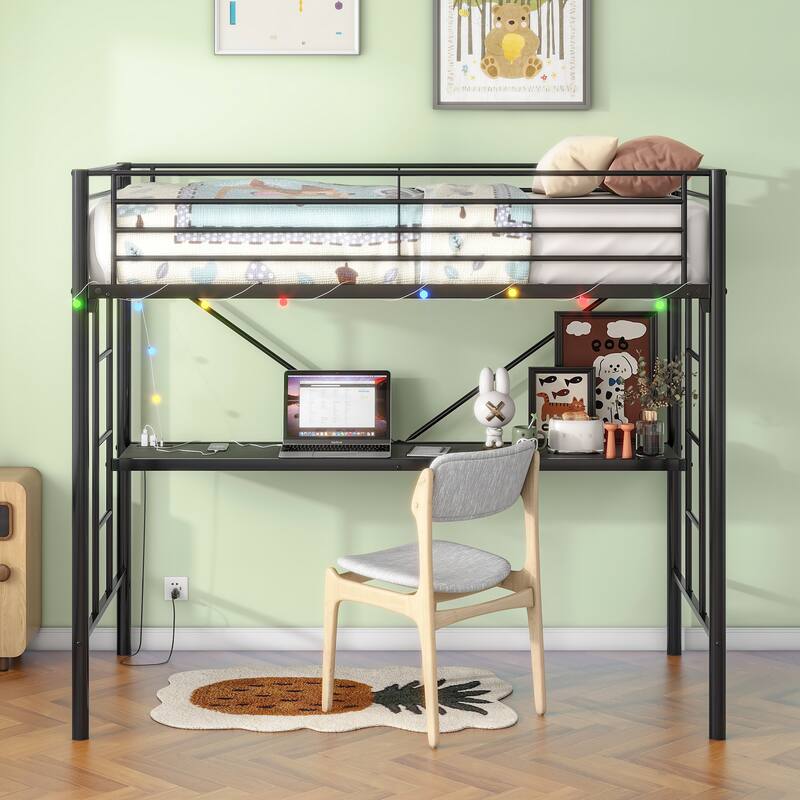 Black Twin Metal Loft Bed with Desk & LED Light