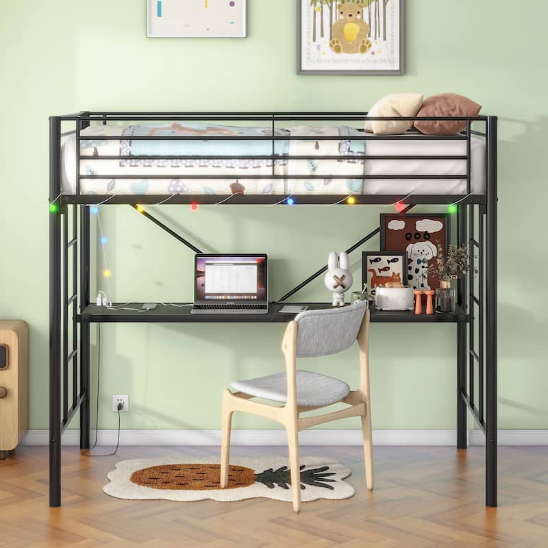 Twin Metal Loft Bed with Desk, Power Outlet, LED Lights, Safety Guard Rails, and Ladder, Black - Black