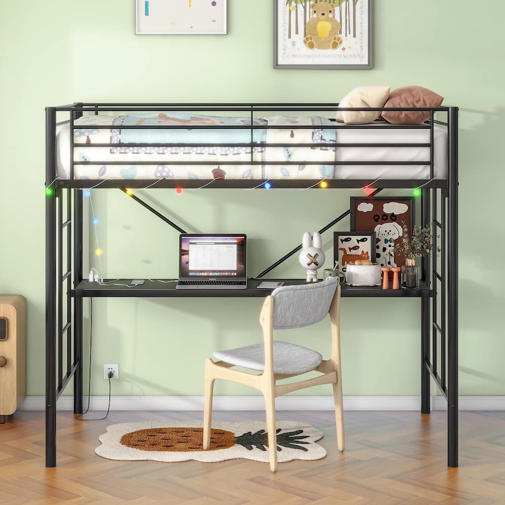Twin Metal Loft Bed with Desk, Power Outlet, LED Lights, Safety Guard Rails, and Ladder, Black
