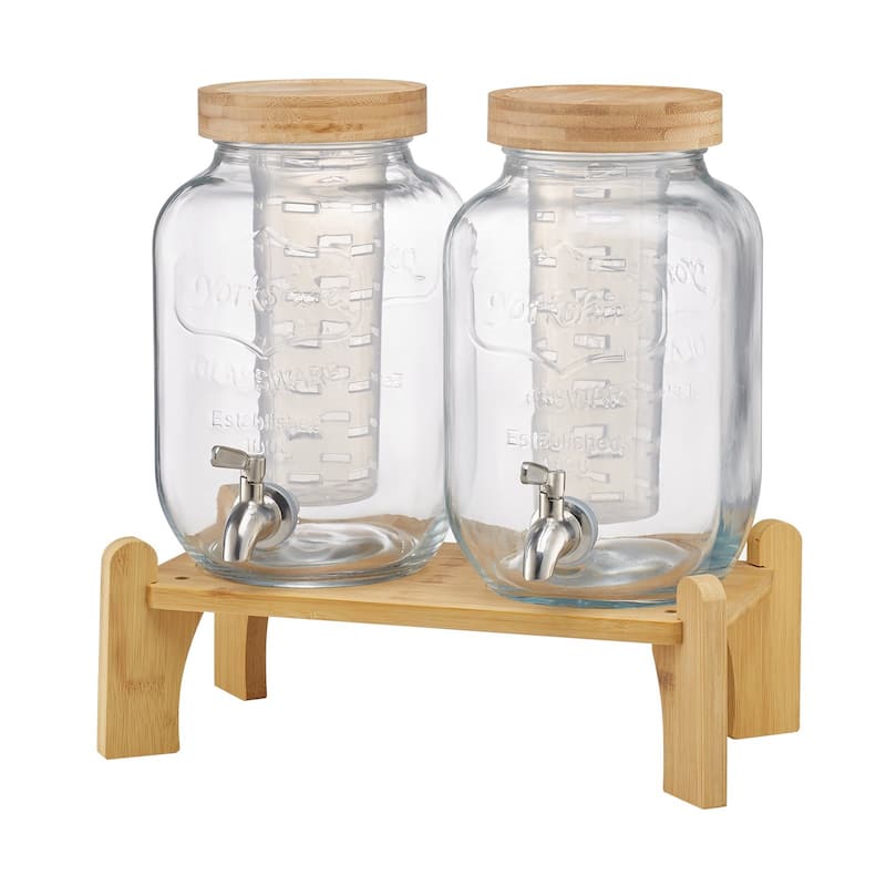 Transparent Glass Dual Cylinder Beverage Dispenser with Wood Stand and Chalkboards - 11.8 x 5.9 x 9.6 in