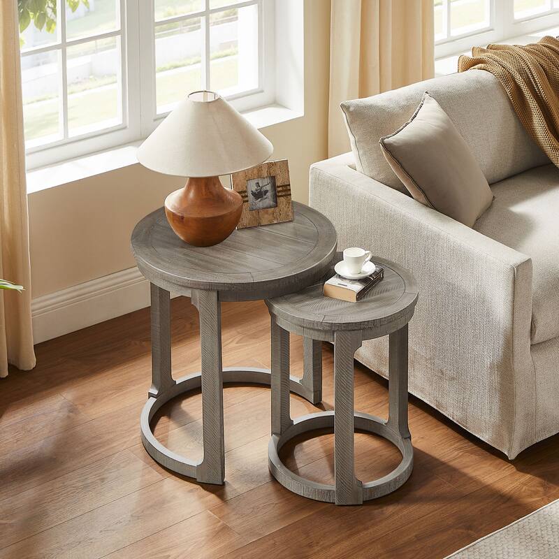 24 inch 2PCS Curved Traditional Round Circle Wooden Coffee Table Set, Mid Century Rustic Style Side Table, End Table