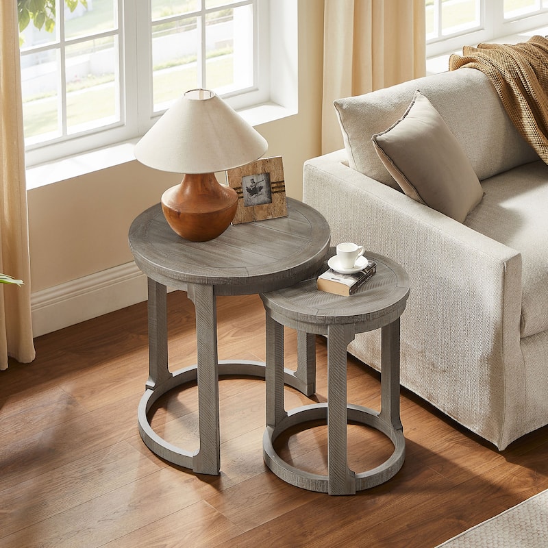 GDF Studio - Mid-Century Solid Wood 2-Piece Round Side Table Set with Curved Design