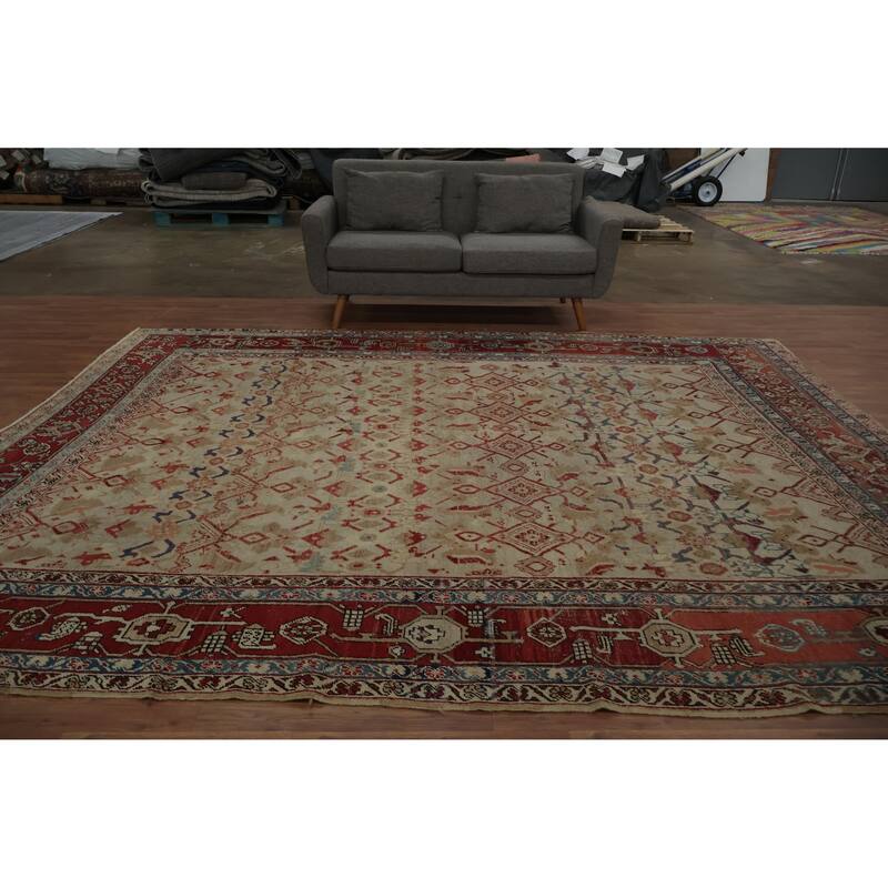 Hand Knotted Oriental 100% Wool Carpet Traditional Floral Beige & Ivories Sultanabad (Ziegler) Area Rug - 11' 0'' X 9' 1''