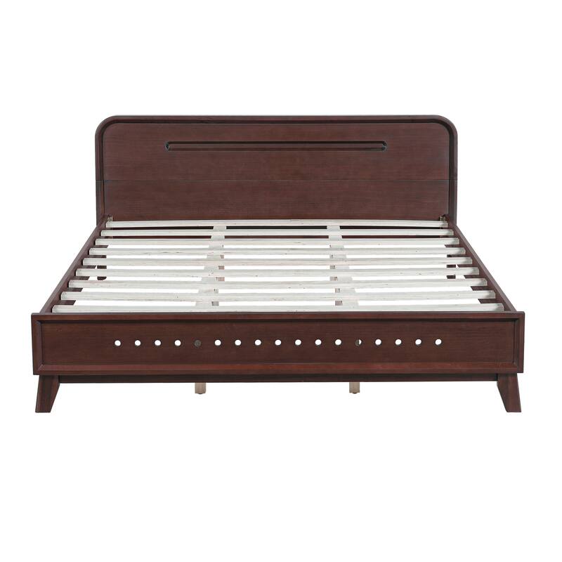 Pine Solid Wood Platform Bed with Headboard, Mid Century Bed Frame with Wood Slat Support