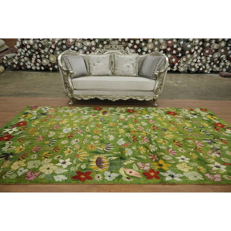 Hand Knotted Oriental 100% Wool Carpet Modern All-Over Green Gabbeh Area Rug - 11' 4'' X 7' 0''