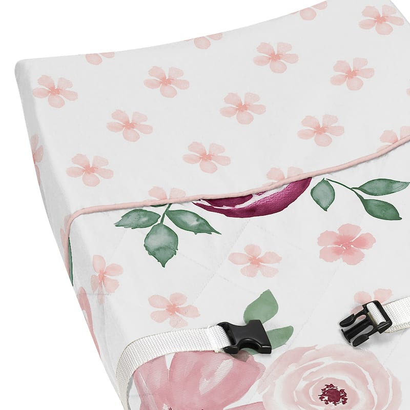 Burgundy and Pink Watercolor Floral Girl Changing Pad Cover - Blush Maroon Wine Rose Green White Shabby Chic Flower Farmhouse