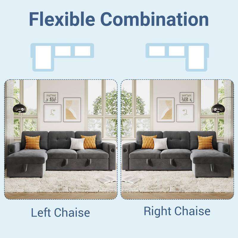 84 Inch Sleeper Sofa Couch, L-Shaped Sofa, Convertible Pull Out Sofa Bed with Storage, Charging Station, Led Lights