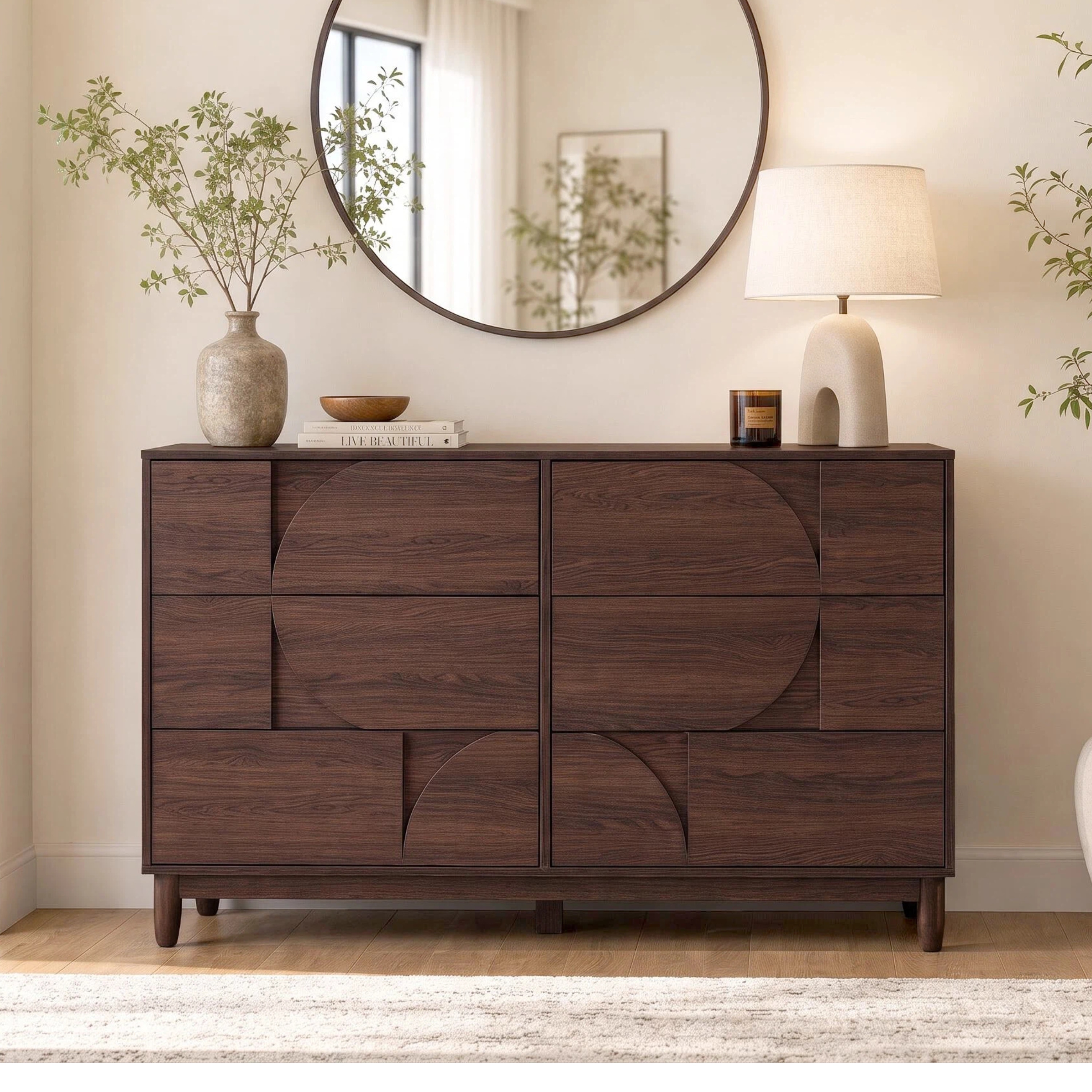 55" Mid Century Modern 6-Drawer Dresser for Bedroom, Chest of Drawers, TV Stand, Vanity Desk, Closet Storage Organizer Furniture