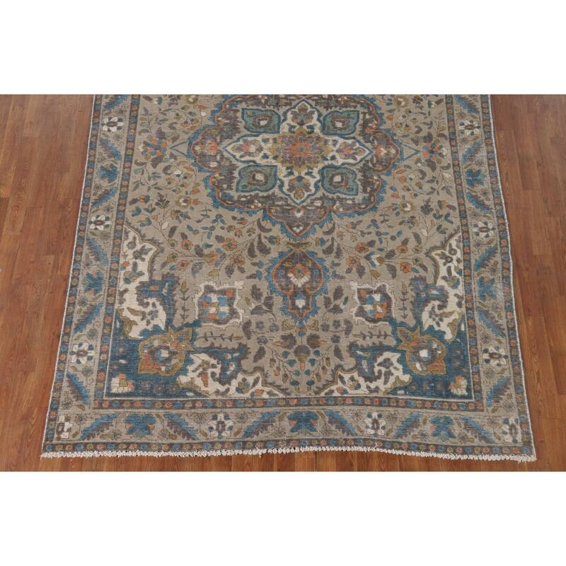 Distressed Tabriz Vintage Persian Rug Handmade Beige Wool Carpet - 6'5" x 9'3"