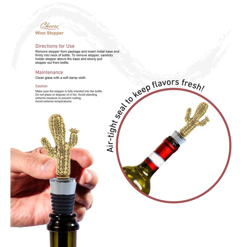 Cheers Gold Cactus Metal Wine Stopper - Elegant Vacuum Seal Reusable - 5 inches