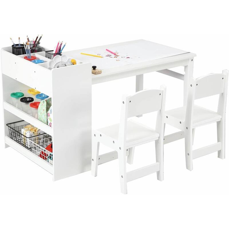 Kids Art Table with 2 Chairs, Activity Desk with Storage Shelves - White