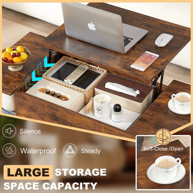 VECELO Modern Lift Top Coffee Table with Hidden Storage 2 Side Shelves Space-Saving Design for Living Room