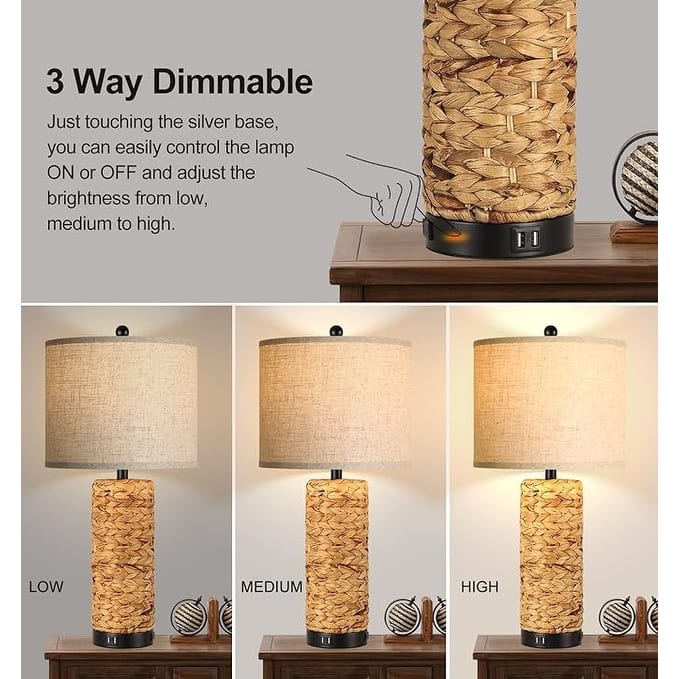Anmytek Seagrass Table Lamps Set of 2 with USB Charging Ports and Outlet Coastal Farmhouse Style