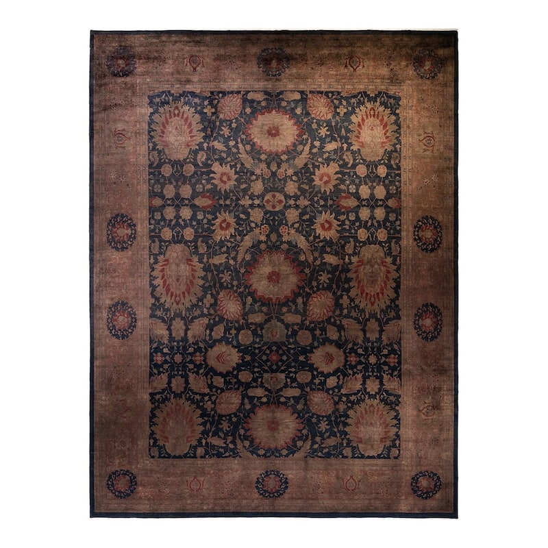 Overton Hand Knotted Wool Vintage Inspired Modern Contemporary Overdyed Navy Area Rug - 12' 0" x 15' 9"