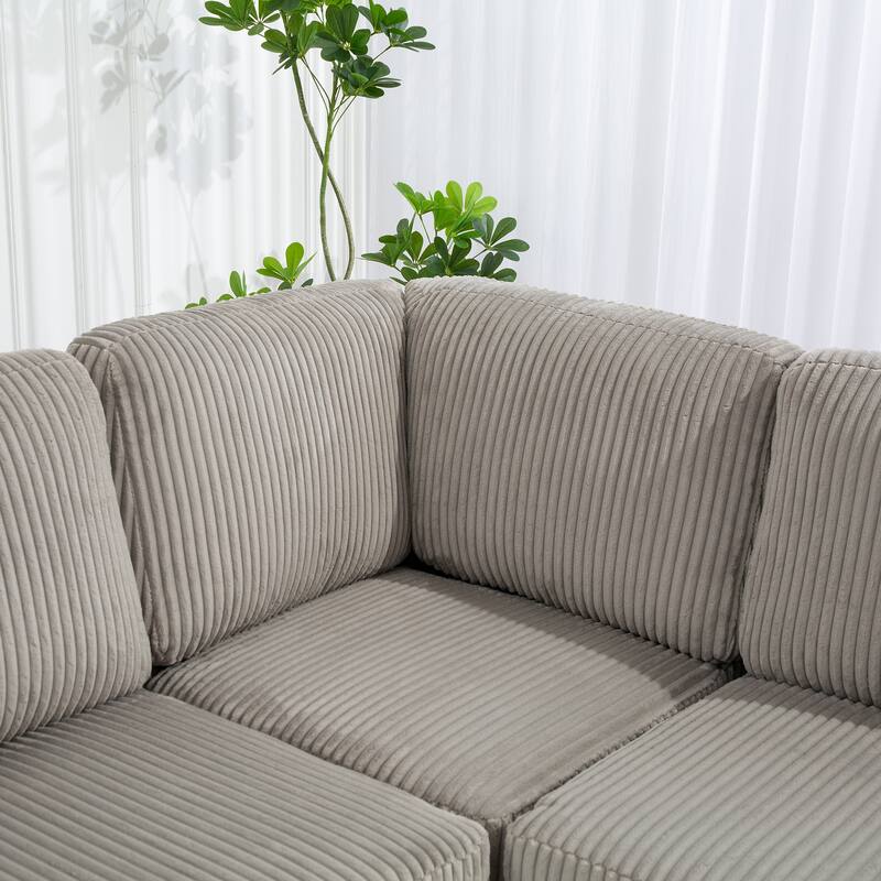 129.14" Corduroy 6-Piece Modular Sectional Sofa with Storage Ottoman, USB Charging and Cup Holders
