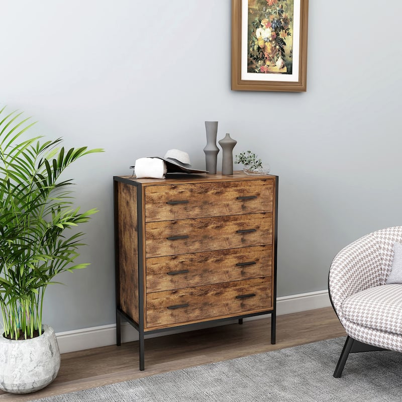 Industrial Style Dresser Wooden Drawer Dresser with 4 Drawers Steel Frame, for Bedroom Living Room, Rustic Brown - Brown