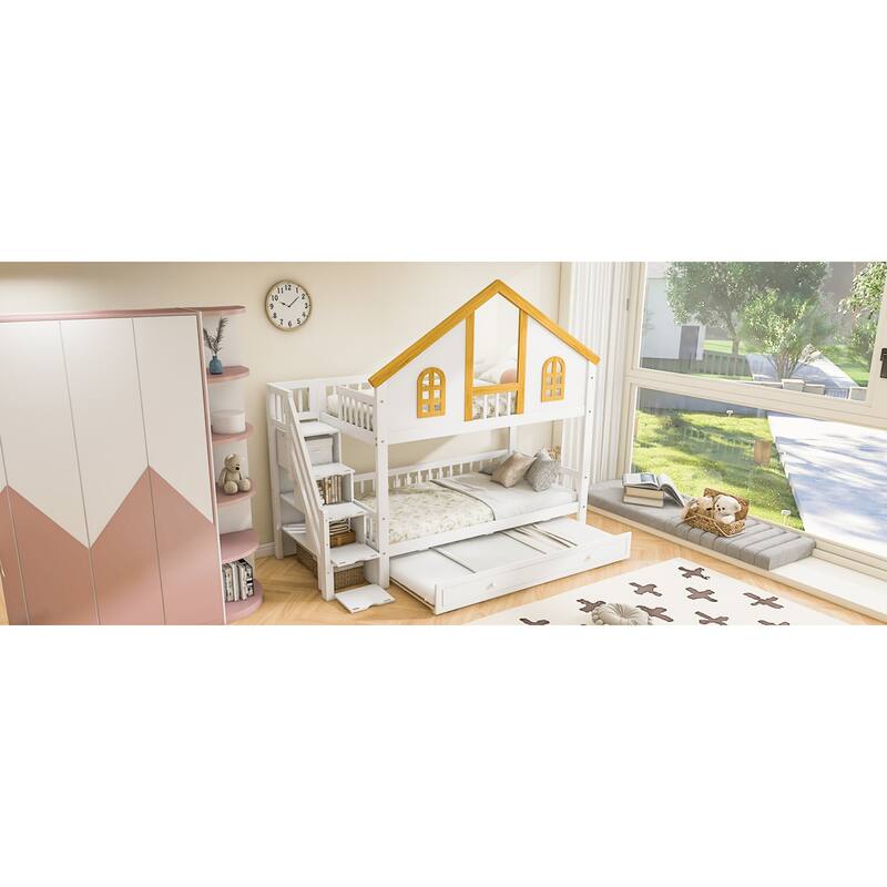 Roomfitters Twin Over Twin/Full Over Full House Bunk Bed with Trundle, Storage Staircase and Roof, White and Natural
