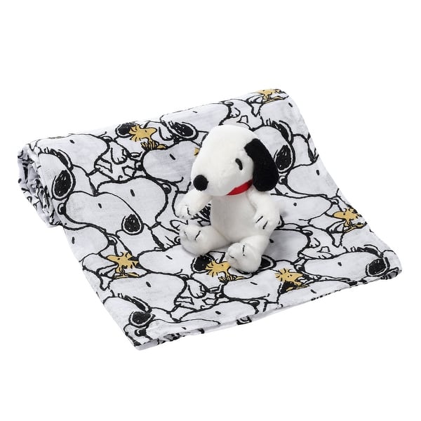 slide 2 of 7, Lambs & Ivy Snoopy Muslin Swaddle Blanket & Mini Plush Newborn Baby Gift Set