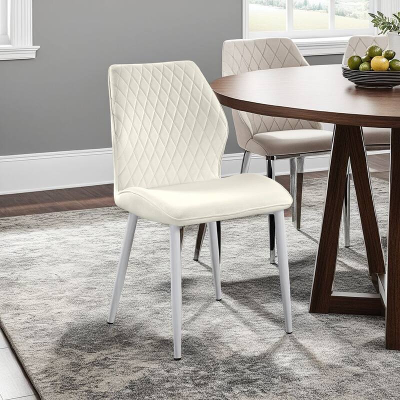 Bailey Dining Side Chair Set of 2, White Metal, Beige Quilted Velvet