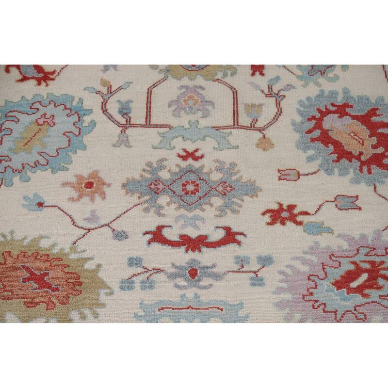 Floral Ivory Oushak Oriental Area Rug Hand-Knotted Wool Carpet - 9'1"x 12'0"