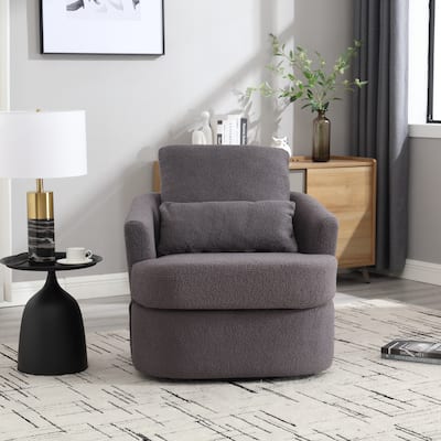 Swivel Barrel Chair with 2 Pillows, Teddy Fabric Upholstered Club Chair, Lounge Sofa Chair with Round Armrests & Backrest