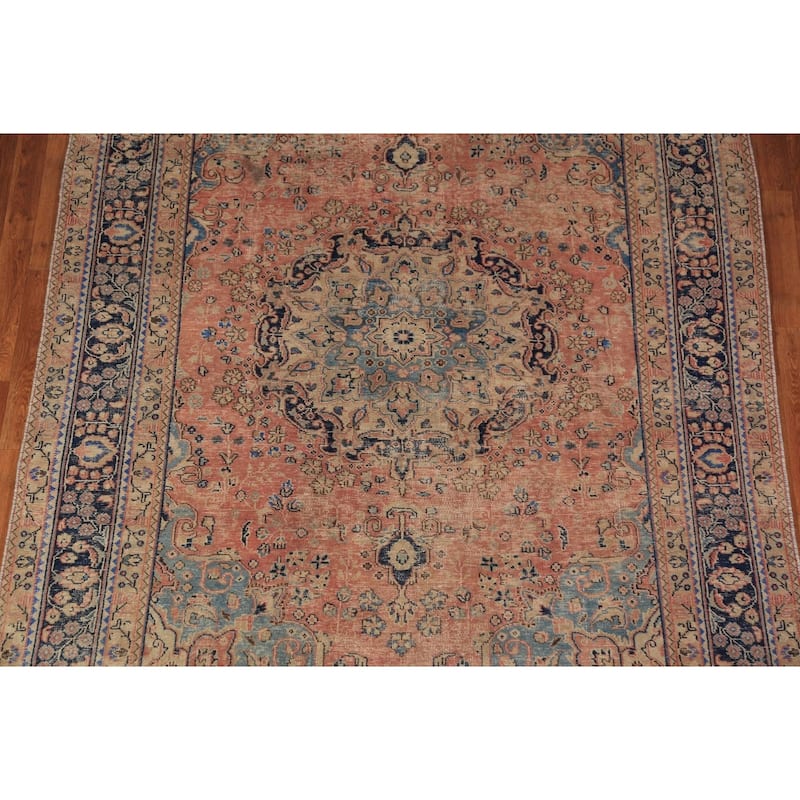 Medallion Pink Mashad Persian Vintage Area Rug Handmade Wool Carpet - 6'5" x 9'4"
