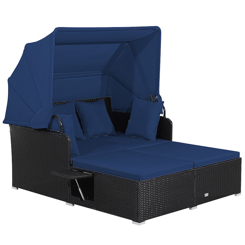 Patio Rattan Daybed Outdoor Loveseat Sofa Set with Retractable Canopy - Navy