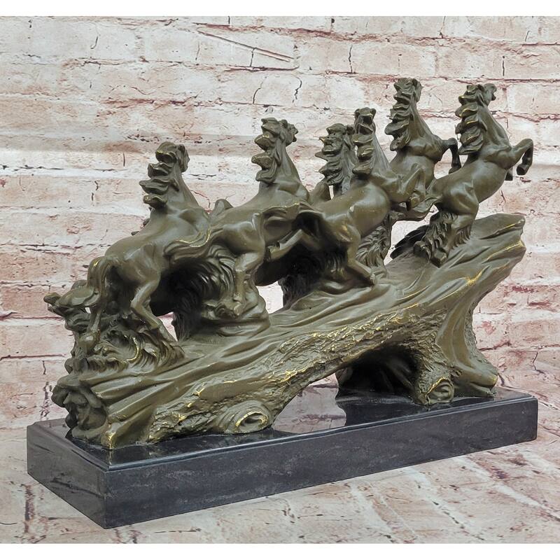 Eight Running Imitative Horses Bronze Sculpture On Marble Base By Milo